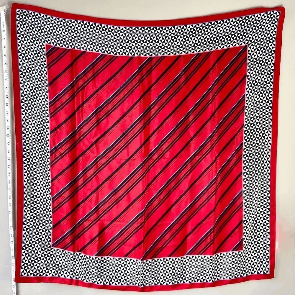 Vintage Anne Klein Extra Large Silk Scarf Red, Black, & White Geometric Houndsto